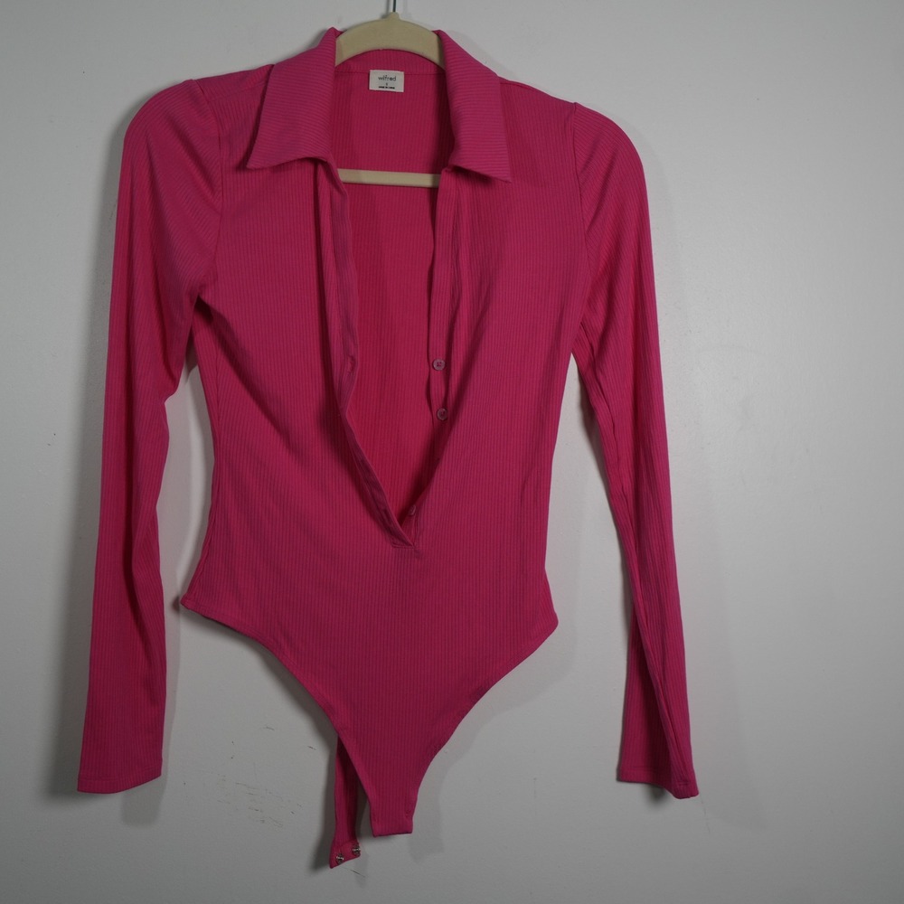 Wilfred Polo Bodysuit‎ Women S Pink Ribbed Long Sleeve Tencel Modal Barbiecore